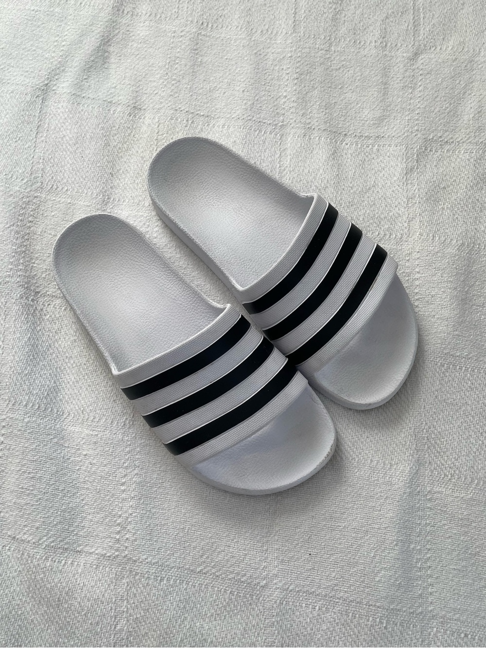 adidas Women's White Slide Sandals with Black Stripes